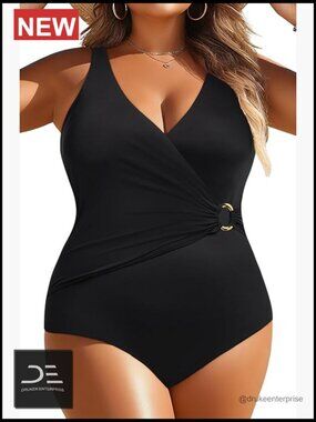 Plus Size Tummy Control One Piece Swimsuit Full Coverage V-Neck Swimwear